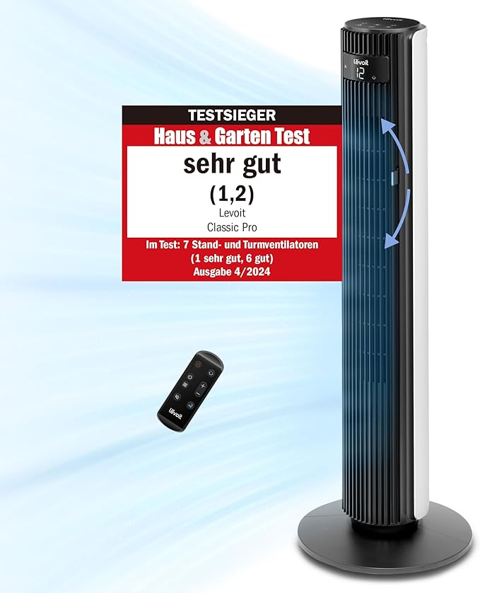 Levoit Tower Fan for Bedroom, 7.5 m/s Strong 23 W Energy Saving Fan, 25 dB Very Quiet Column Fan with Remote Control, 12 Speeds, 4 Modes, White