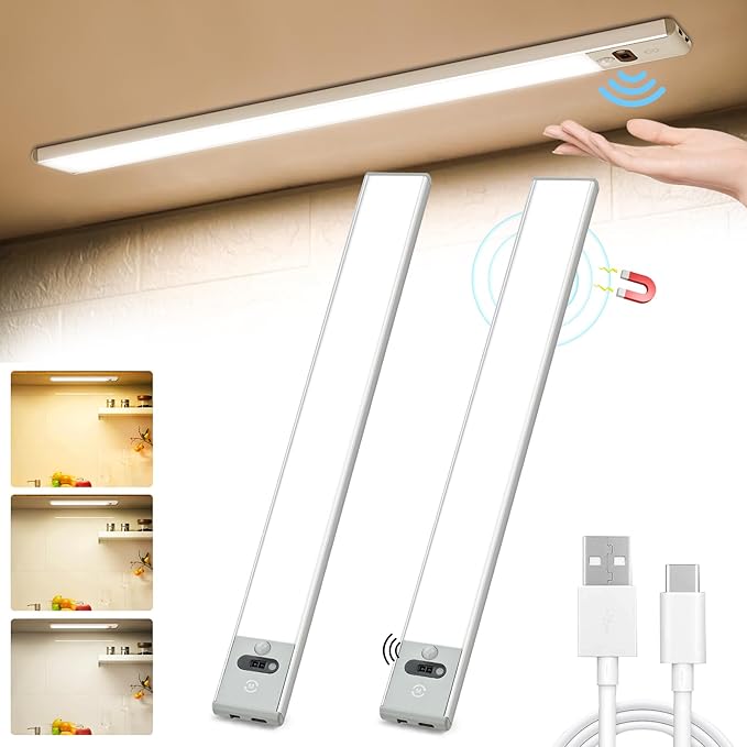 KYOTECH Under-Unit Light Kitchen 41 cm, Pack of 2 LED Cabinet Lighting with Motion Sensor LED Strip 1500 mAh USB Rechargeable Dimmable 3 Colour Modes Light Strip for Kitchen, Wardrobe, Stairs