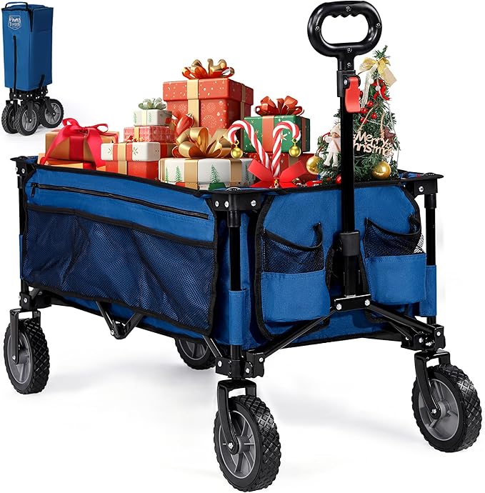TIMBER RIDGE Handcart Foldable XXL Beach Trolley with Side Pocket, Drink Holder, Adjustable Handle, Transport Trolley for All Terrain, Outdoor, Camping, Shopping, 100 kg Load Capacity