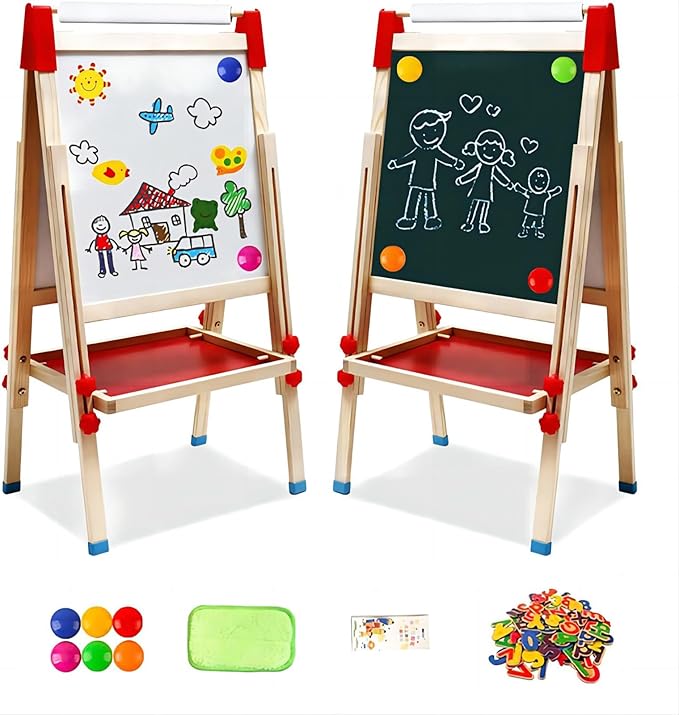 Children's Wooden Board with Paper Roll, Double-Sided Whiteboard and Board, Children's Easel with Numbers and Other Accessories for Children and Toddlers (T04)