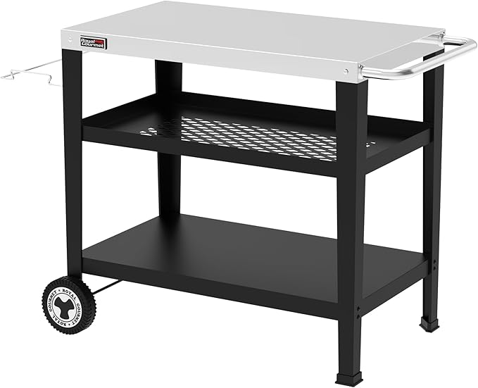 Royal Gourmet Serving Trolley 3 Levels with Bin Bag Holder Kitchen Trolley Stainless Steel Side Table Outdoor Plancha Grill Table Trolley Trolley Silver Worktop 85 x 50 cm