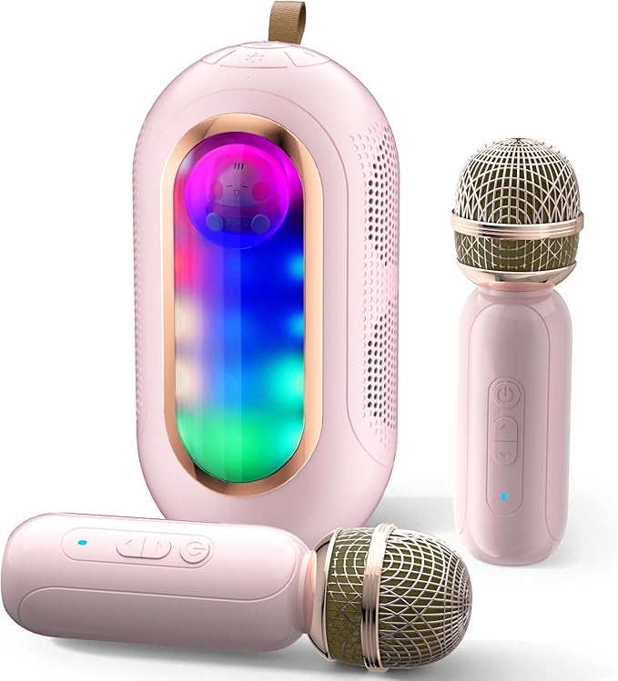 ICARERSPACE Karaoke Machine with 2 Wireless Microphones, Portable Bluetooth Karaoke with 5 Different Sound Effects and Light Effects, Karaoke Machine for Children or Adults - Pink