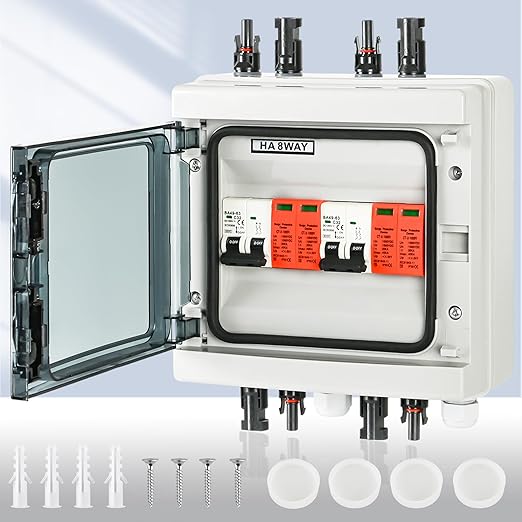 Warmfay Surge Protection PV DC1000V Lightning Protection Circuit Breaker 32A DC Isolator Switch PV System 2 String, IP65 Waterproof & UV Resistant Solar Connection Box 2 in 2 Out