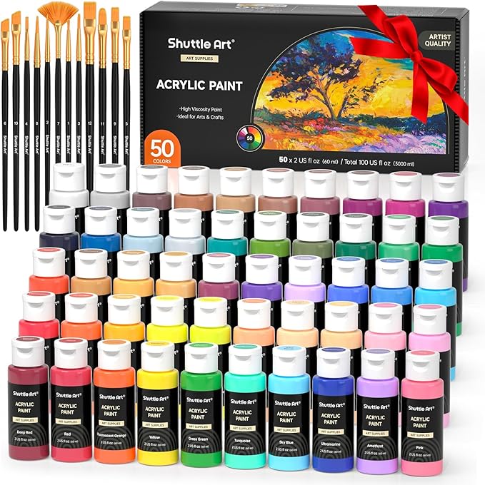 Shuttle Art Acrylic Paint Set, 50 Colourful Acrylic Colours in Bottles (60 ml each), Highly Pigmented, Non-Toxic, Acrylic Paint Waterproof for Artists, Beginners, Adults on Canvas, Stones, Wood