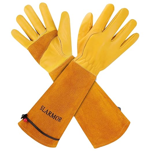 SLARMOR Leather Gardening Gloves for Men and Women - Thorn-Proof for Pruning Roses, with Forearm Protection, Long Cowhide Work Gloves for Garden and Household Tasks, Size L, Yellow