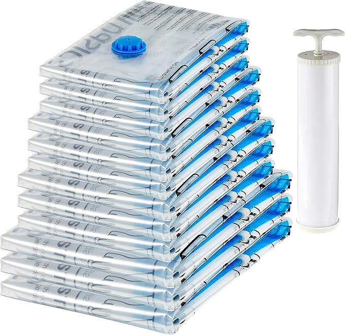 Amazon Basics Vacuum Bags for Clothes with Airtight Valve and Hand Pump - Multiple, 3 x Jumbo, 3 x Large, 3 x Medium, 3 x Small, 12 Pack, Zip, Clear