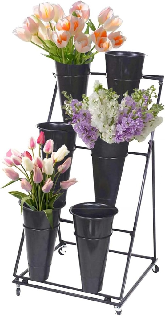 Flower Stand, Metal Transport Flower Shelf, Iron Florist with 4 Universal Wheels and Plastic Bucket, for Living Room, Garden, Yard, Florist, Balcony, Patio