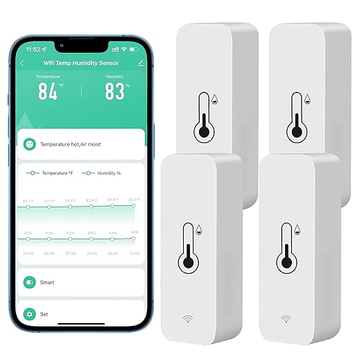 Comboss WiFi Hygrometer/Thermometer Sensor, Wireless Temperature and Humidity Sensor for Indoor and Outdoor Use with Remote App Notification Alarm, Works with the Tuya App, 4 Pack