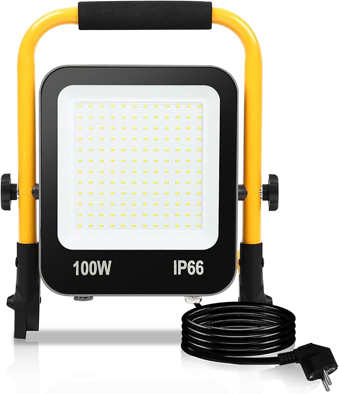 Sonnewelt LED Construction Spotlight Construction Lamp 1 x 100 W 10000 LM Construction Light IP66 Waterproof LED Work Light 6000 K Cool White with Plug, 3 m Cable, Foldable Stand for Indoor and