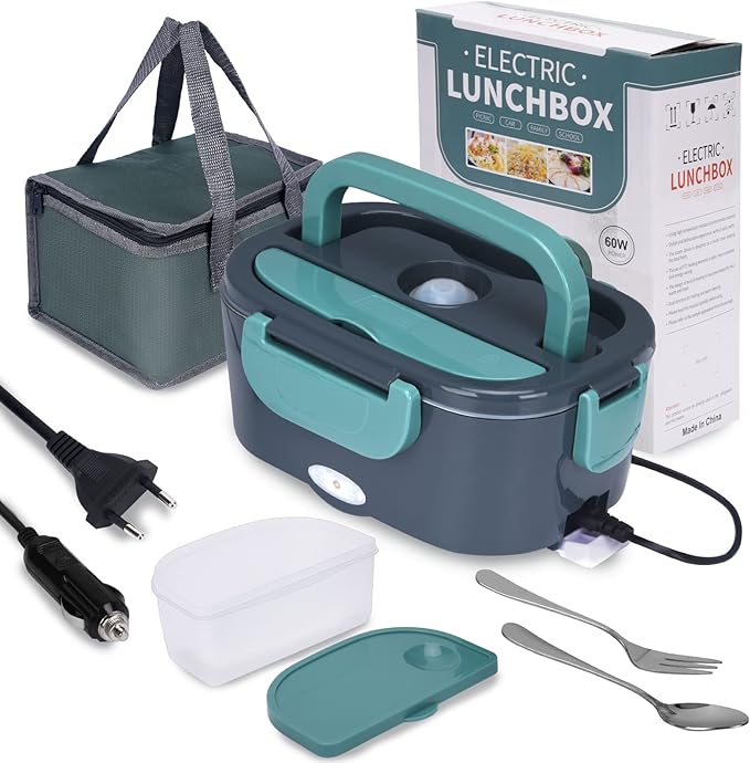 XREXS Electric Lunch Box, 3 in 1 (12 V/24 V/220 V) 60 W 1.5 L Food Warmer Car, Stainless Steel Lunch Box Electric Lunch Box/Truck Household Camping, Portable Bento Heating 60 W Lunch Box with Fork,