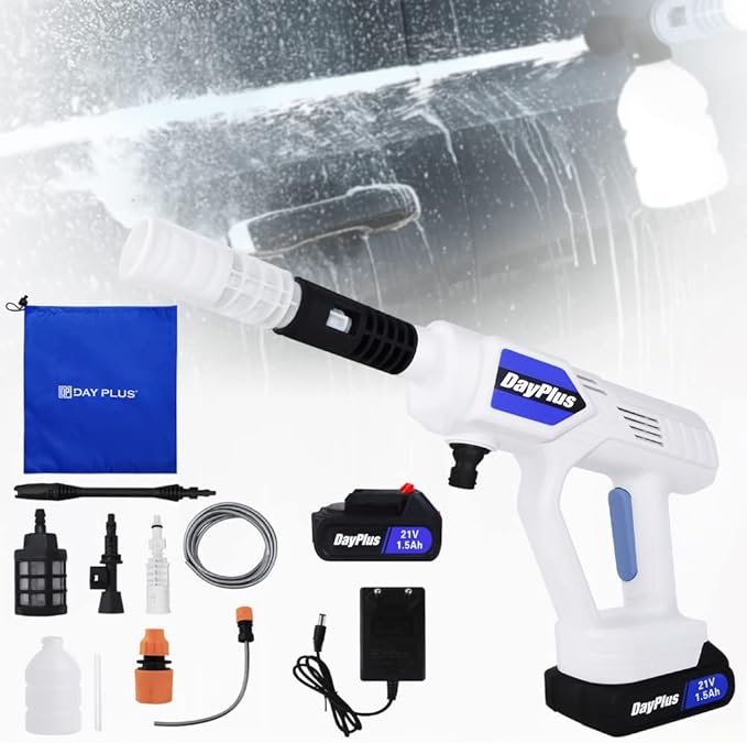 Qimu Cordless Pressure Washer Portable Pressure Washer Gun Max 30 Bar Mobile Pressure Washer with 1.5 Ah Battery, 180° Adjustable Nozzle, 5 m Hose for Car Washing, Floor Cleaning, Watering Flowers