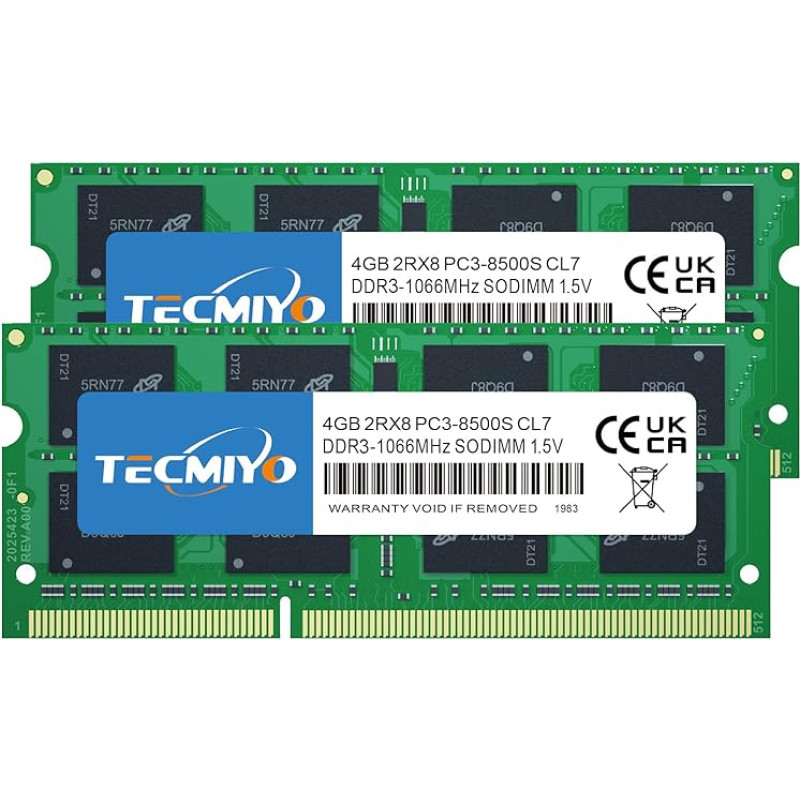 TECMIYO 8GB DDR3 RAM (2x4GB) PC3-8500 DDR3 1066MHz Laptop Sodim Memory CL7 204 Pin 1.5V Non-ECC Unbuffered Laptop RAM Modules