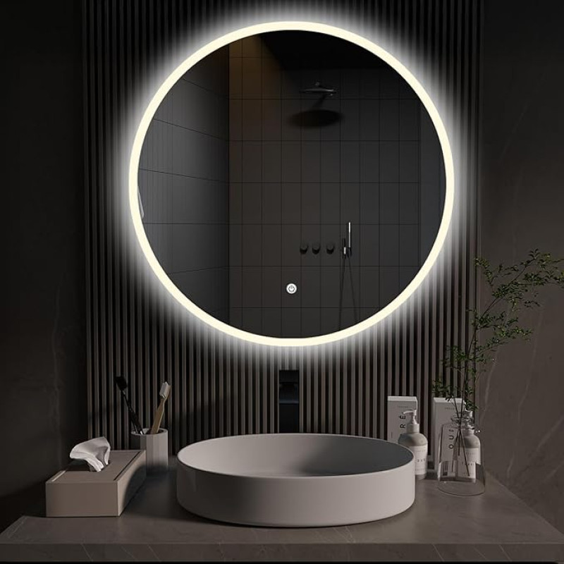 ApeJoy® AJ01 Round Bathroom Mirror Diameter 60 cm with Lighting, LED Wall Mirror with Touch Switch, Light Mirror, Warm Cool White from 3000 K to 6500 K, IP44 (Round 60 cm)