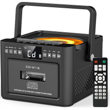 Greadio CD mängija kaasaskantav, Boombox kassetimängija FM raadioga, Bluetooth 5.1, 5000 mAh laetav aku, kaugjuhtimispult, AUX/USB/SD kaardisisend, 5W kõlar, LED ekraan (must)