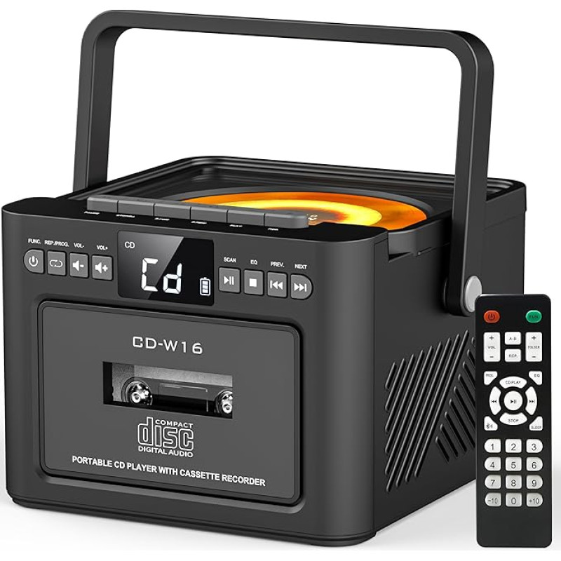 Greadio CD mängija kaasaskantav, Boombox kassetimängija FM raadioga, Bluetooth 5.1, 5000 mAh laetav aku, kaugjuhtimispult, AUX/USB/SD kaardisisend, 5W kõlar, LED ekraan (must)