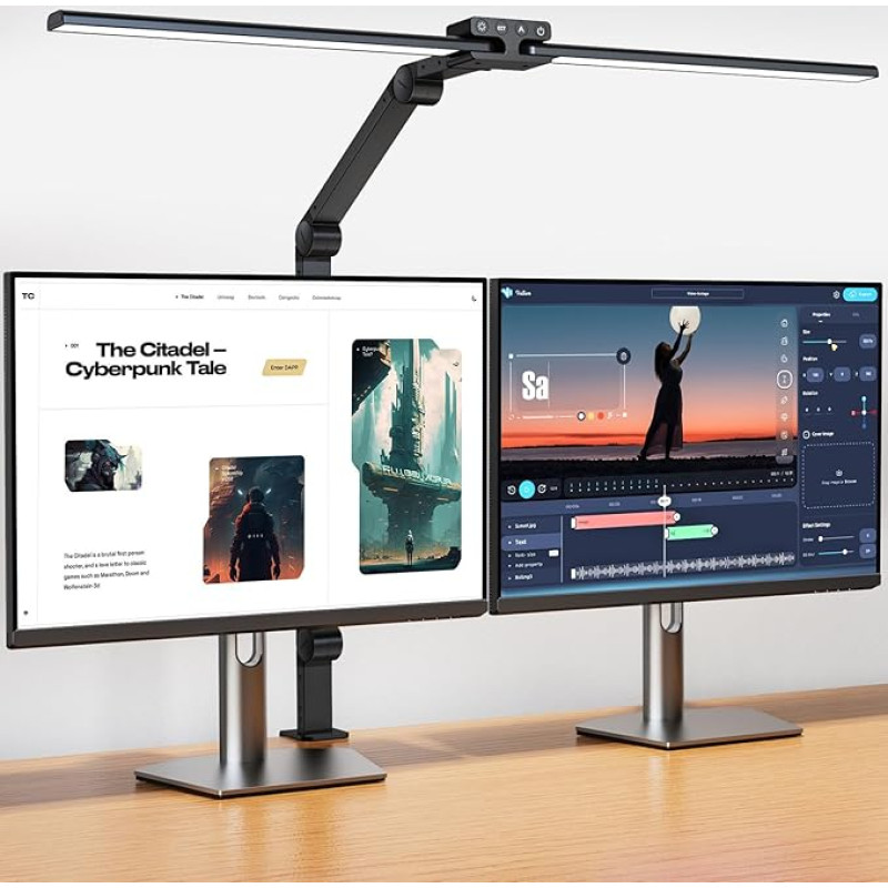 KableRika laualamp LED Dimmable, 24 W 80 cm Ultra Bright Double Head Desk Lamp Clampable, 1200 lm Eye Protection Office laualamp pöörleva varrega, Monitor Lamp, Daylight Lamp, Auto Dimming