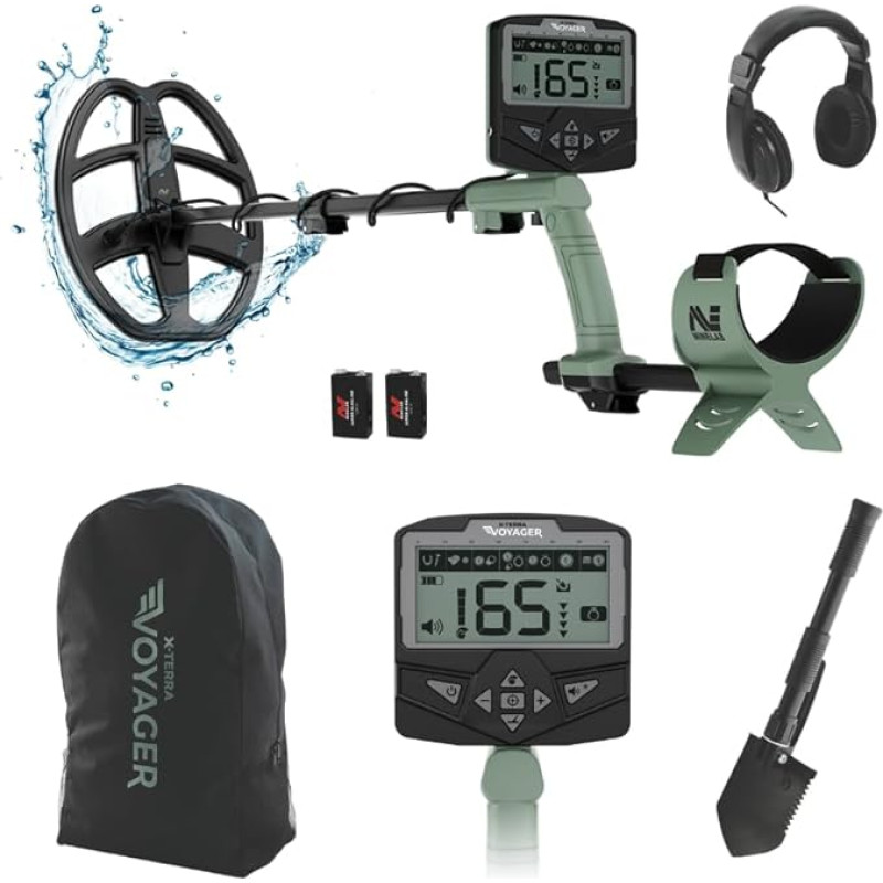 Minelab X-Terra Voyager All-Terrain Pinpointing täiskasvanute metalliotsija veekindla mähisega, 4 tuvastamisrežiimi, selge sihtmärgi ID, taustavalgustusega ekraan (komplekt koos kõrvaklappide, seljakoti, sügav labidas).