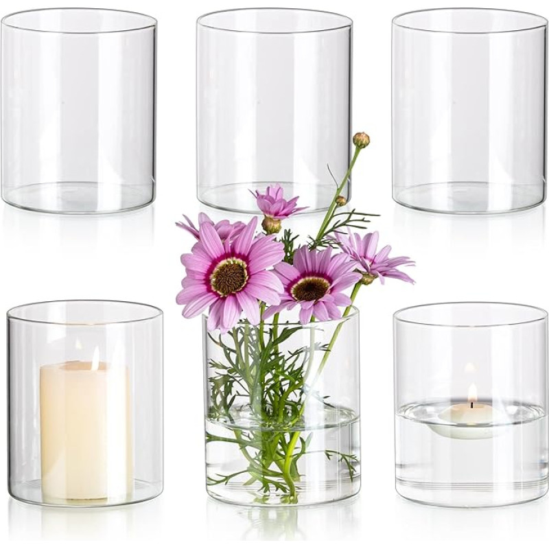 Glasseam Glass Cylinder Vase, Small Vases for Table Decoration, Clear Flower Vase, Modern Glass Vases, Pack of 6, 10 x 8.5 cm Flower Vases, Glass Cylinder Candle Holder, Table Vase for Living Room,