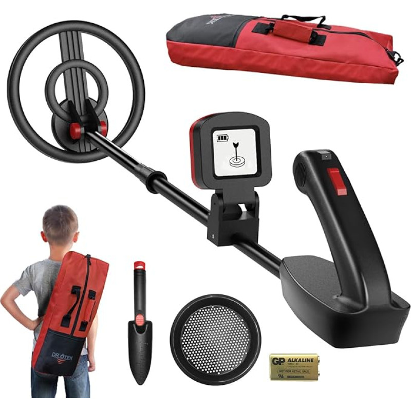 DR.ÖTEK Children's Metal Detector, Small, IP68 Waterproof Spool, 60 cm - 75 cm, Adjustable Stem, LCD Display, Acoustic Alarm, Lightweight, Accessories Shovel, Strainer, Bag, Child Metal Detector Set