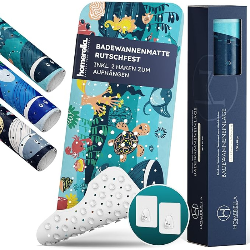 Homerella® libisemisvastane vannimatt lastele, 100% BPA-vaba, koos 2 konksuga riputamiseks, libisemisvastane vannimatt tundlikule beebinahale, hallituskindel, libisemisvastane ja pestav vannimatt, 100 x 40 cm.