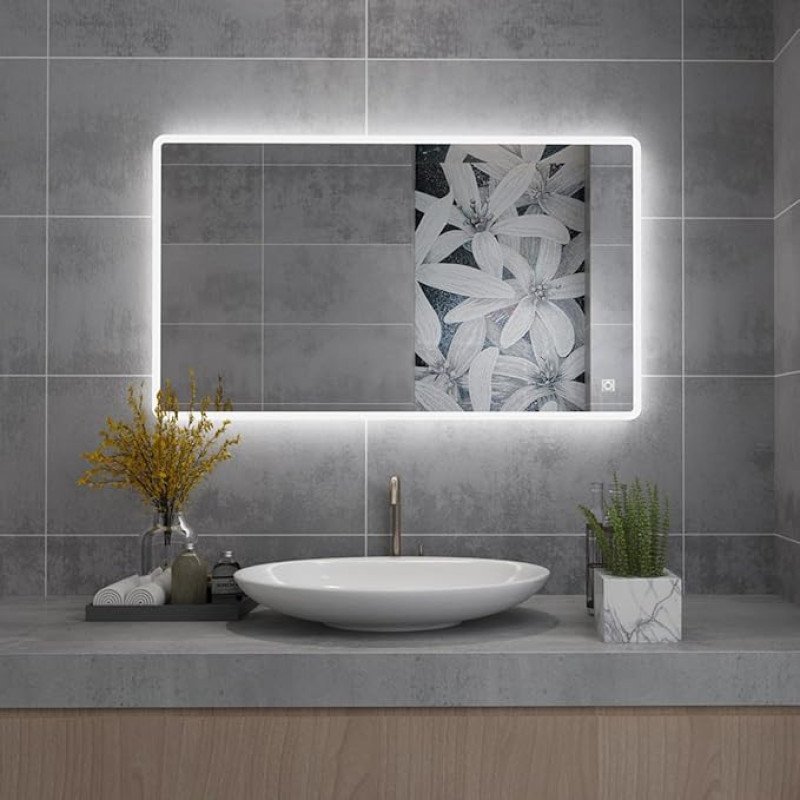 MIQU Bathroom Mirror LED 120 x 70 cm Bathroom Mirror with Lighting Cold White 6500 K Light Mirror Large Wall Mirror with Touch Anti-Fog Rectangular for Bathroom Toilet