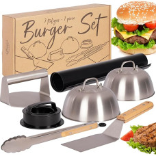 ONVAYA® Burgeri komplekt, 8 tükki, sealhulgas roostevabast terasest burgerikell ja Smash Burgeri press, Smash Burgeri komplekt koos grillimatiga, spaatliga ja sulatuskellaga, Burgeri purustaja, grillkellaga