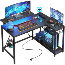 Bestier Gaming Corner Desk L kuju 106,5 cm - LED, pistikupesad, 2 riiulit ja konksud - pööratav arvutilaud väikesesse kontorisse, magamistuppa ja mängude seadistusse