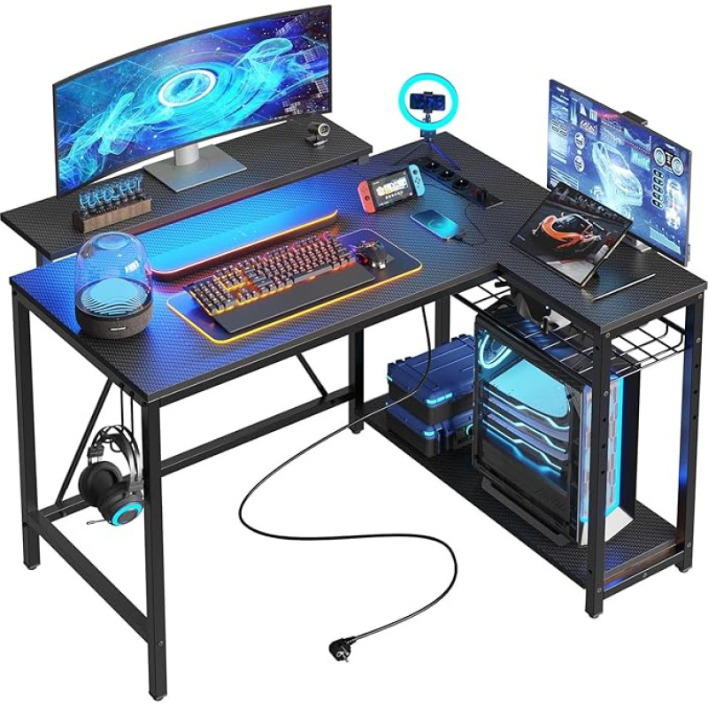 Bestier Gaming Corner Desk L kuju 106,5 cm - LED, pistikupesad, 2 riiulit ja konksud - pööratav arvutilaud väikesesse kontorisse, magamistuppa ja mängude seadistusse
