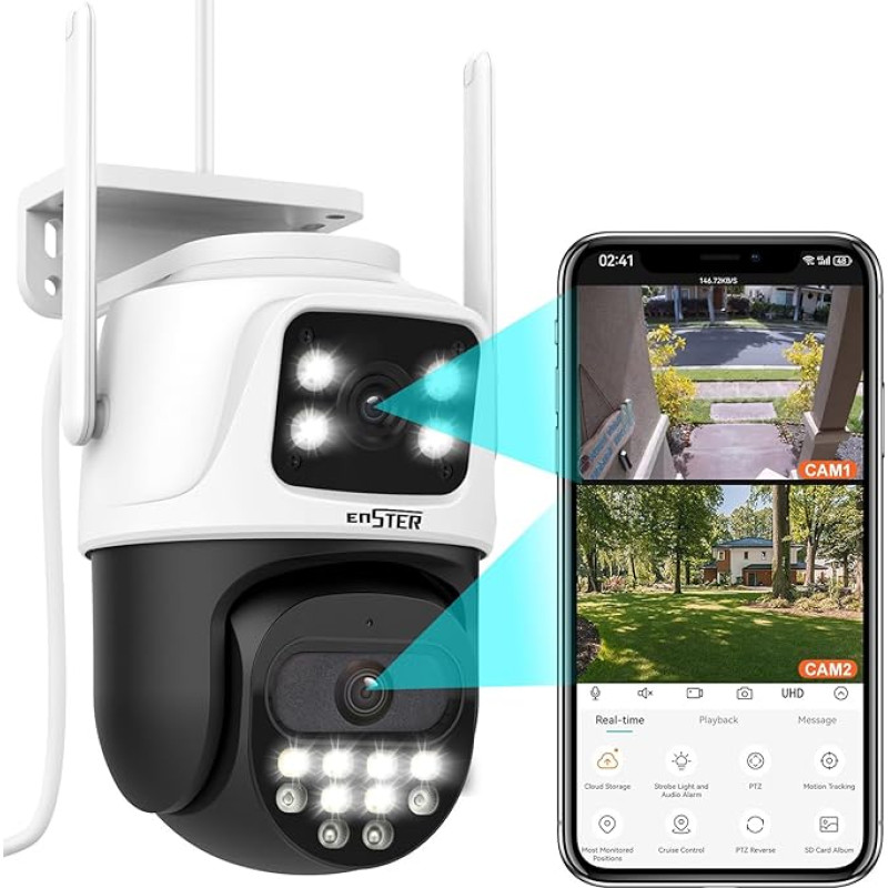 ENSTER 3MP + 3MP välivalvekaamera WiFi kahe objektiiviga, PTZ IP välikaamera auto jälgimine, salvestamine, isiku tuvastamine, värviline öönägemine, 360 kraadi, ühildub Alexaga