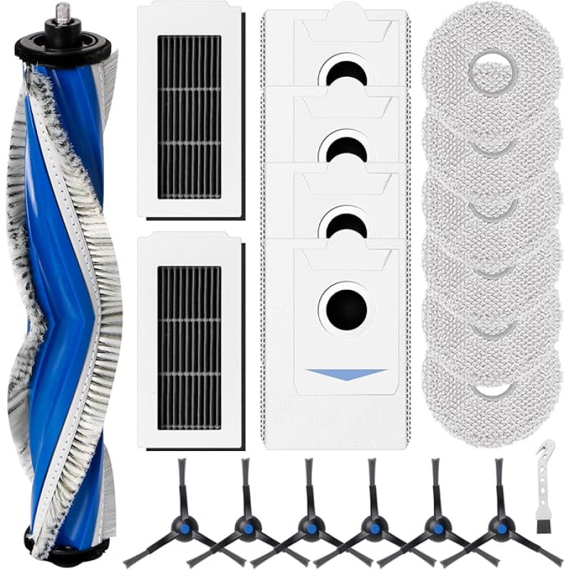 ECOVACS DEEBOT X5 Omni/X5 Pro robottolmuimeja tarvikukomplekt koos 1 rulliharjaga, 2 HEPA-filtrit, 6 puhastuslapiga, 4 tolmukotiga, 6 külgharjaga, 1 puhastusharjaga, pühkimisvahendi varuosadega.