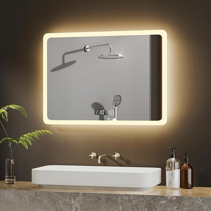BD-Baode LED seinapeegel 60 x 80 cm Vannitoa peegel koos valgustusega 3 tüüpi valgusega 3000-6500K Ristkülikukujuline vannitoa peegel koos kella ja puudutuslülitiga