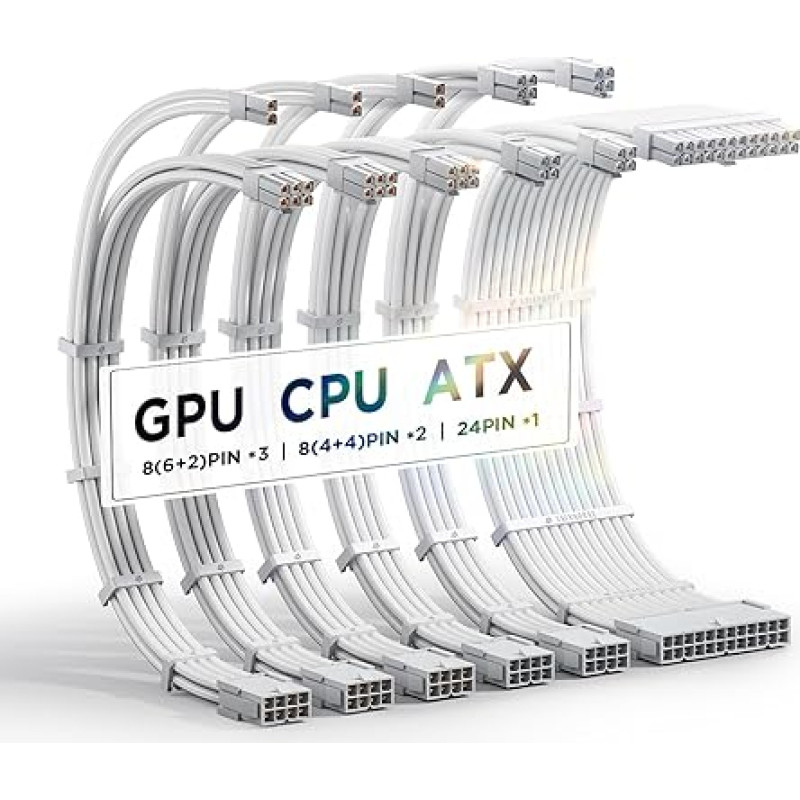 AsiaHorse 16AWG Sleeved Cable Kit for PC/GPU/CPU, PSU Cable Extension, PC Power Supply Extensions Cable with Cable Combs, 24 PIN/(6+2) PIN/(4+4) PIN Cable Management, 30 cm, Full White