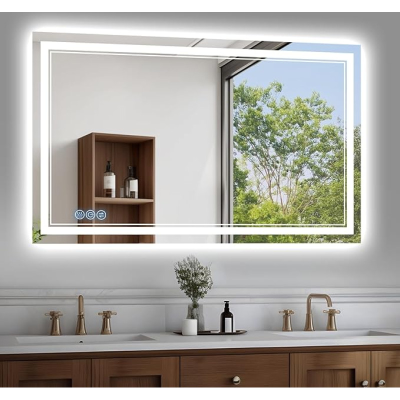 baklon Bathroom Mirror with Lighting, 100 x 60 cm, Bathroom Mirror Wall Mirror and Touch Switch, IP65 LED Mirror Bathroom with Memory Function, 3 Colour Temperatures, Horizontal/Vertical, HD Tempered