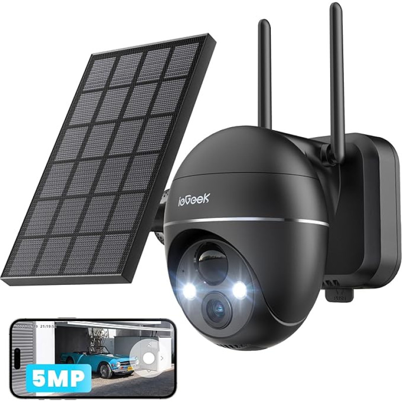 ieGeek 5MP Outdoor Surveillance Camera, Battery, PTZ Surveillance Camera, Outdoor WLAN with Solar Panel, PIR Motion Sensor, 30 m Coloured Night Vision, Two-Way Audio, 2.4 GHz WiFi, 4DBi WiFi Antenna,