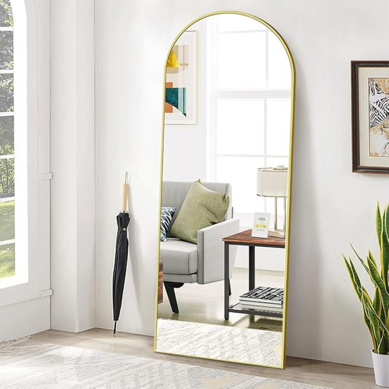 Koonmi Bogen Full Length Mirror, 52 x 161 cm, Curved Standing Mirror, Large Full Length, Wall Mounted, Leaning, Floor Mirror, Full Body as Dressing Vanity Mirror for Living Room, Gold
