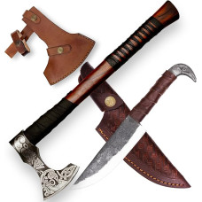 CraftTal - Viking kirves ja rabane pea nuga 2-in-1 komplekt kirves-kirves kvaliteetne viking kirves käsitsi sepistatud väljas ellujäämise kirves nahast kaitsega