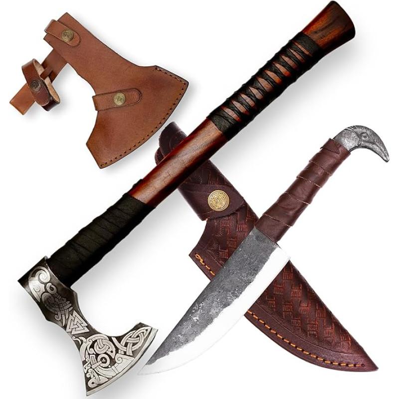 CraftTal - Viking kirves ja rabane pea nuga 2-in-1 komplekt kirves-kirves kvaliteetne viking kirves käsitsi sepistatud väljas ellujäämise kirves nahast kaitsega
