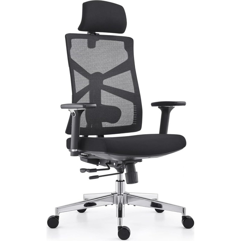 HOLLUDLE Ergonoomiline kontoritool kohandatava seljatoega, 4D käetoega, reguleeritava istme sügavusega, nimmepiirkonna toe ja 2D peatoega, hingav võrkist tool, must