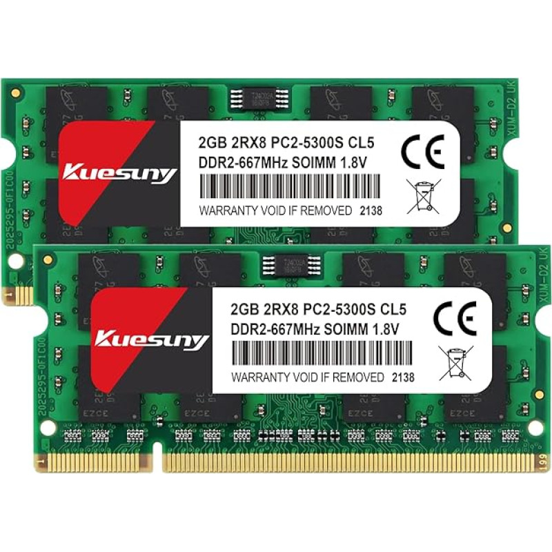 Kuesuny 4GB Kit (2 x 2GB) DDR2 667MHz Sodimm RAM PC2-5300 PC2-5300S 1.8V CL5 200 Pin 2RX8 Upgrade Unbuffered Laptop mälumoodulid Non-ECC