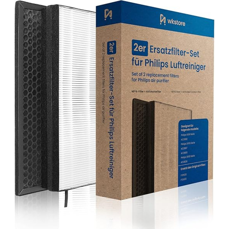 wkstore asendusfiltrite komplekt Philips õhupuhastaja AC2889, AC2887, AC2882, AC3829 jaoks | HEPA + aktiivsöefilter | Asendab originaalfiltri FY2420, FY2422 | Ideaalne allergikutele &