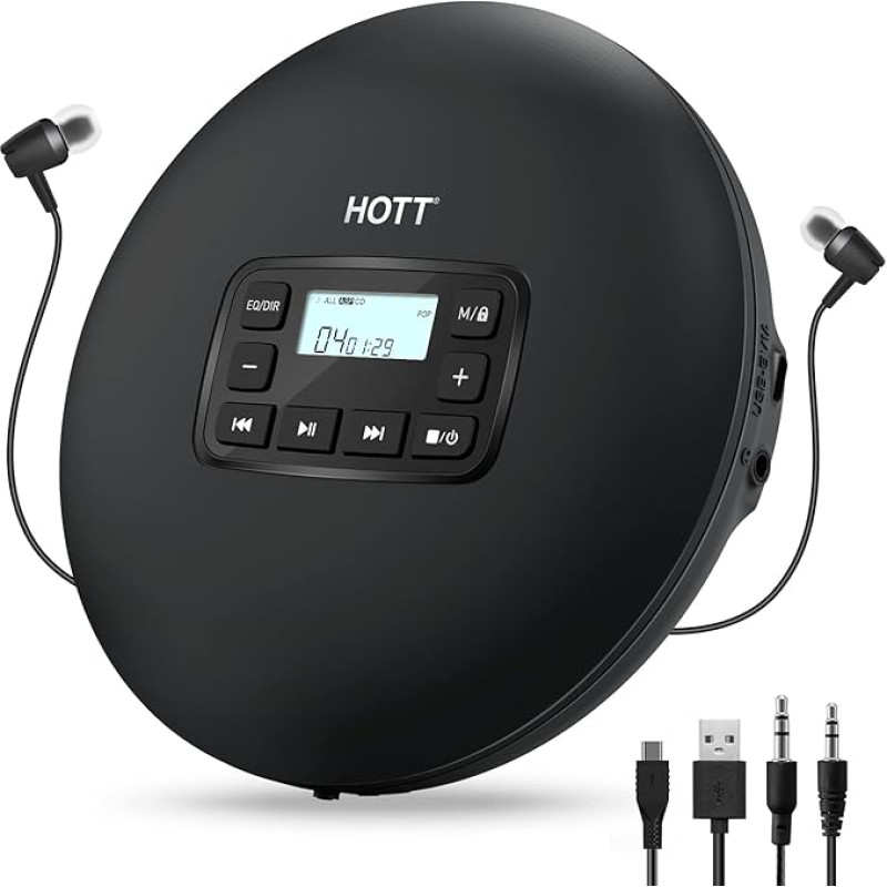 HOTT CD204 Kaasaskantav CD-mängija, Walkman Compact Player, kaasaskantav CD-mängija, MP3-mängija, MP3-mängija, koos kõrvaklappidega heliraamatute, muusika, tšekkide jaoks lastele ja täiskasvanutele (must)