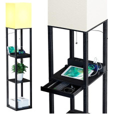 SUNMORY Floor Lamp, Living Room Floor Lamp with Solid Wood Shelf, 3 Colour Temperatures, 2 USB Charging Ports and 1 Drawer, Floor Lamps for Living Room, Bedroom, Floor Lamp, Black, with Bulb