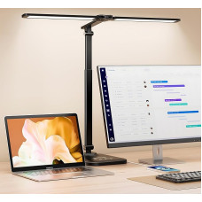 CHARYJOD Double Head Desk Lamp LED Dimmable, Stretchy LED Desk Lamp, Desk Lamp Has 5 Colour Temperatures and 10 Brightness Levels, USB Charging Port