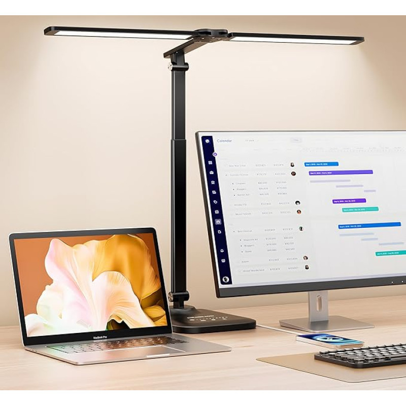 CHARYJOD Double Head Desk Lamp LED Dimmable, Stretchy LED Desk Lamp, Desk Lamp Has 5 Colour Temperatures and 10 Brightness Levels, USB Charging Port