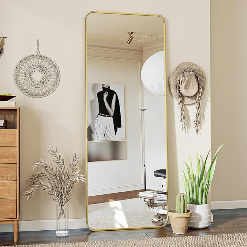 Koonmi Standing Mirror with Rounded Corners, 53 x 163 cm, Round Corners, Full Body Mirror with Stand, Large Floor Standing Mirror, Full Body Mirror, Wall Hanger for Bedroom, Living Room, Gold