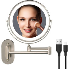 USB-Rechargeable Makeup Mirror with Light, Double-Sided Makeup Mirror with 1X/10X Magnification, Bathroom Makeup Mirror, 3 Colours, Touch Screen, Dimmable, Extended Arm