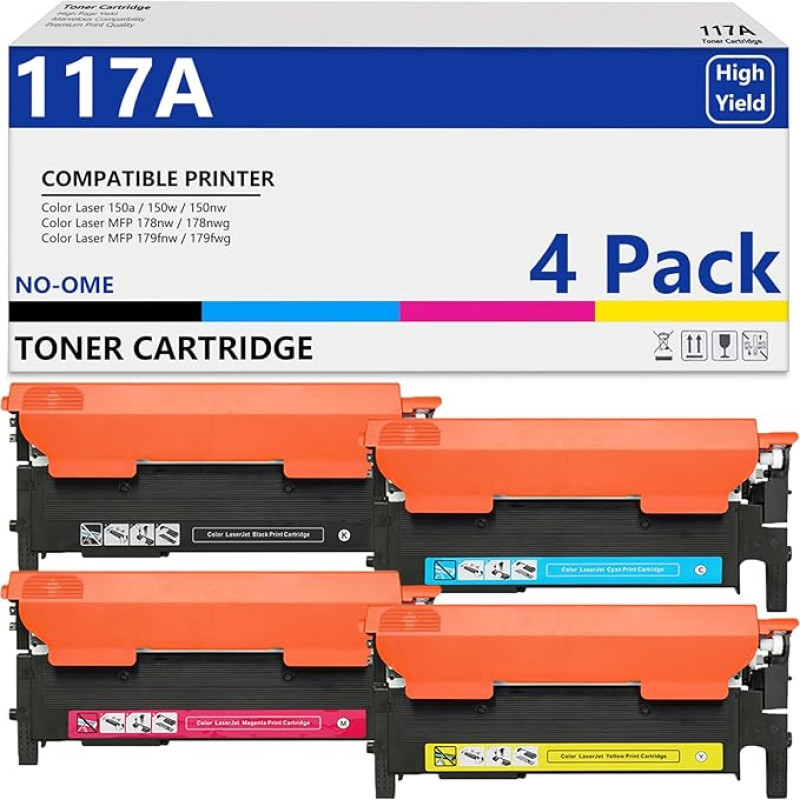 117A asendus HP 117A toonerikassettide jaoks, mis ühilduvad värvilaseriga MFP 150a 150nw 178nw 178nw 178nwg 179fnw 179fwg printeriga (must, tsüaan, kollane, magenta, 4-pakk).