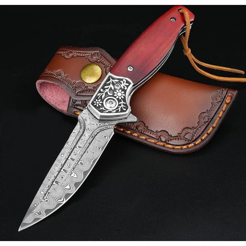 KOMWERO Damaskuse taskunuga kokkupandav nuga Damascus terasest tera, puidust käepide, flipper, nuga nahast tuppa - terav ühe käega nuga EDC nuga Outdoor Survival Camping Jahindus