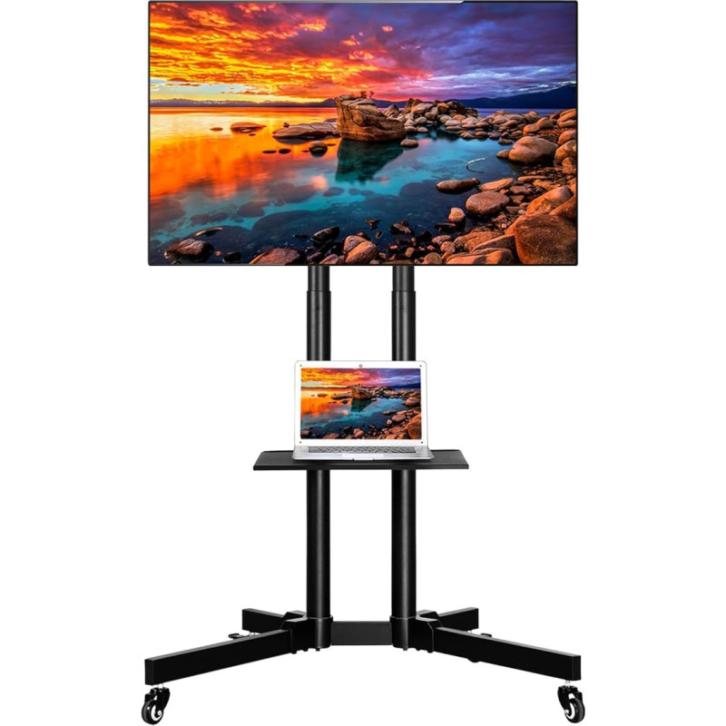 Yaheetech TV Stand Rollable, Mobile TV Floor Stand, TV Stand for TVs 32-75 Inches, Height-Adjustable TV Stand with Double Rods & Shelf, Max. VESA 600 x 400 mm