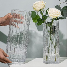 QEEYON Glass Vase Modern Cylinder Glass Vase Large Decorative Vases Handmade Glacier Clear Flower Vase for Home Office Wedding Decor Gift (30 x 10 cm)